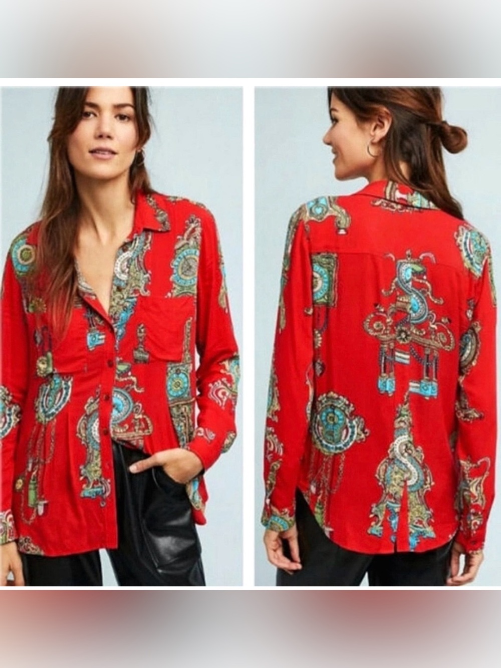 **Anthropologie Maeve ** Whimsical Clock Red Paisley-Print Button-Down Shirt
